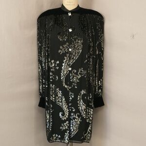 Frank Tignino Designer Dress r Poet Coat Duster Mid Length Silver Metallic Black